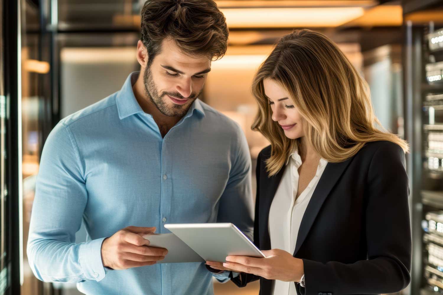 Retail managers collaborating on a virtual store model