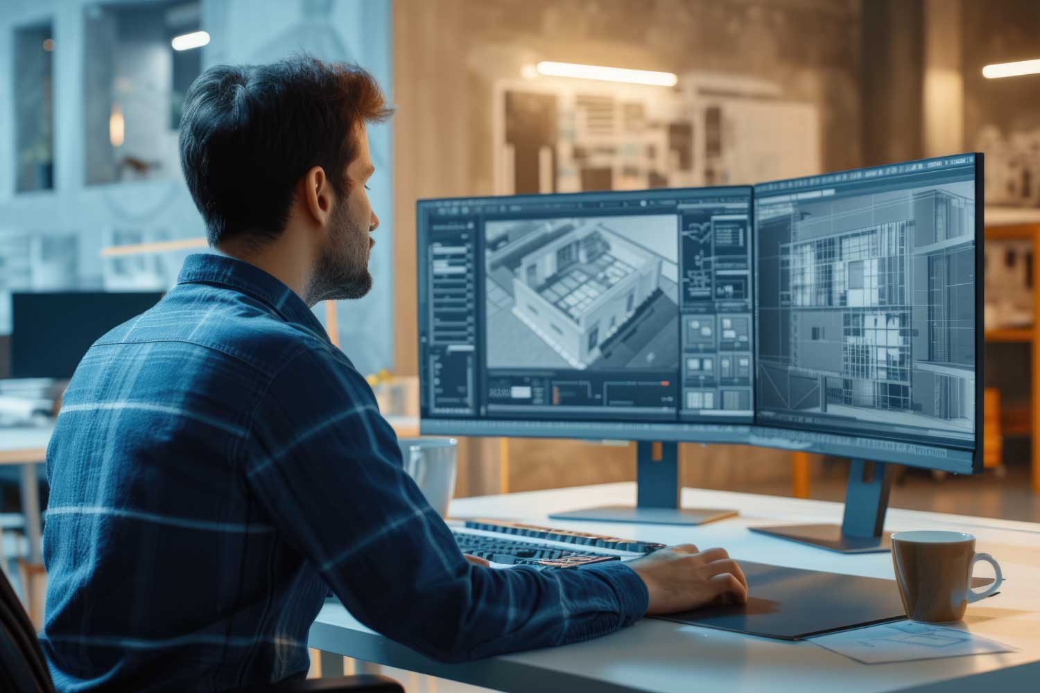 Architect reviewing a 3D digital twin model on a computer screen