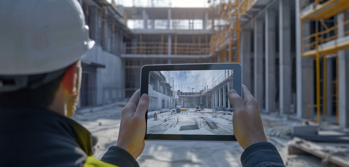 Construction manager comparing a building site with its 360° digital twin on a tablet