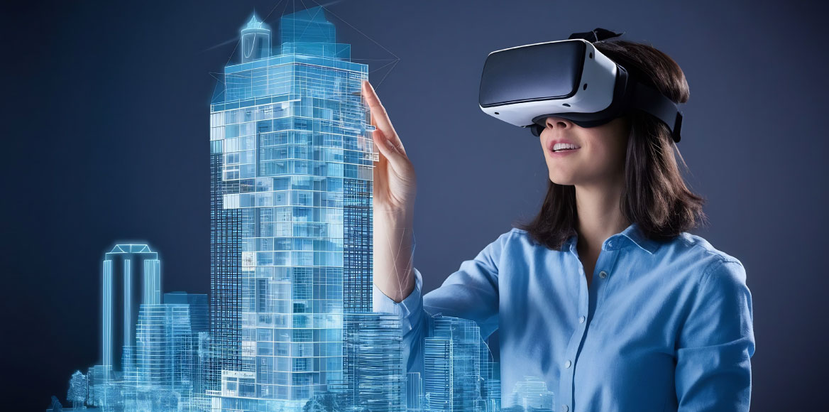 architect using VR headset and controllers with a building model