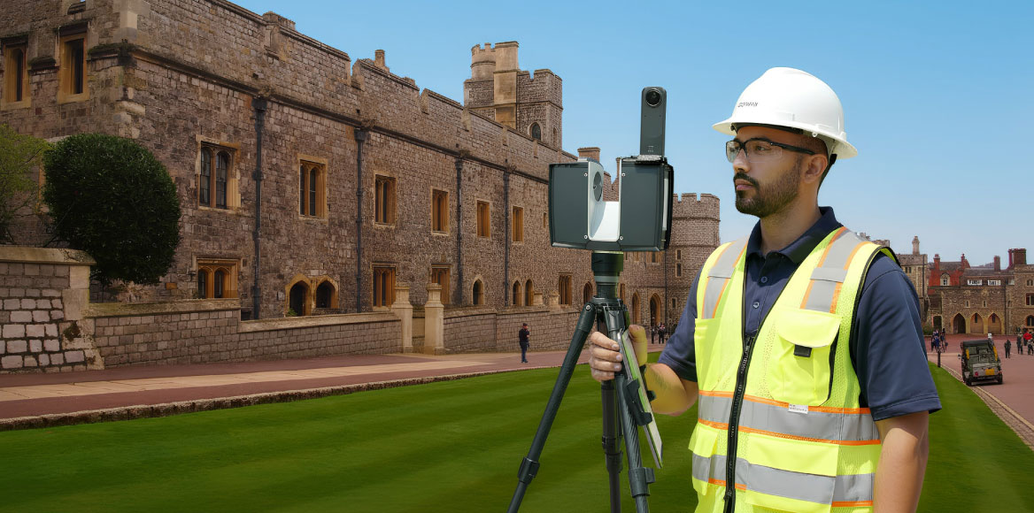 Surveyor performing a 3D laser scan of a building