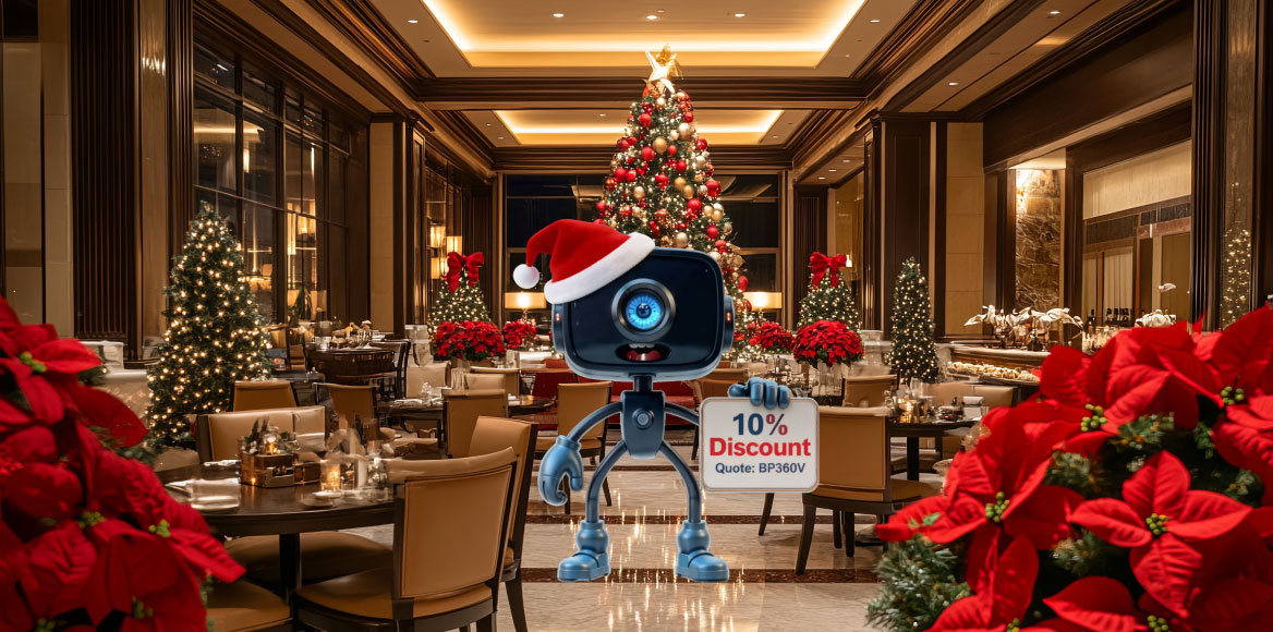 Restaurant bar decked out for Christmas with lights and tree