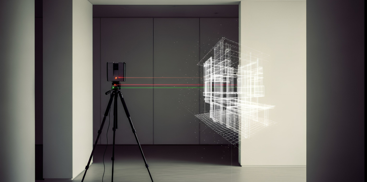 Laser scanner capturing accurate building measurements prior to 3D visualisation and virtual tour creation.