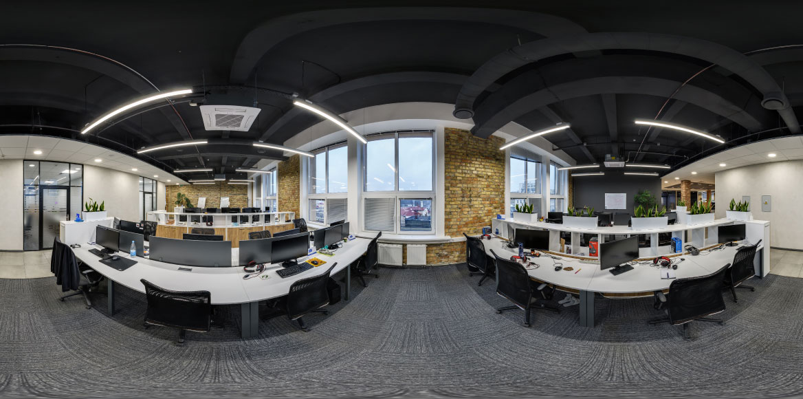 360 degree virtual tour of a modern commercial office space used for remote property marketing.
