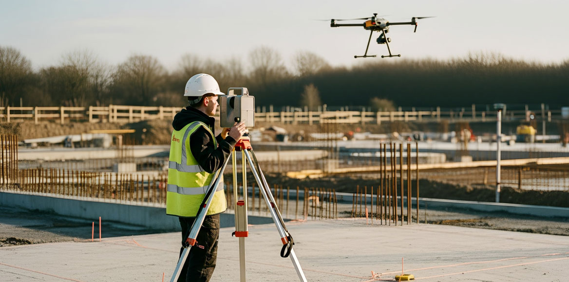 Surveyor using 3D laser scanning and drone technology on a construction site to capture accurate data for CAD and BIM workflows.